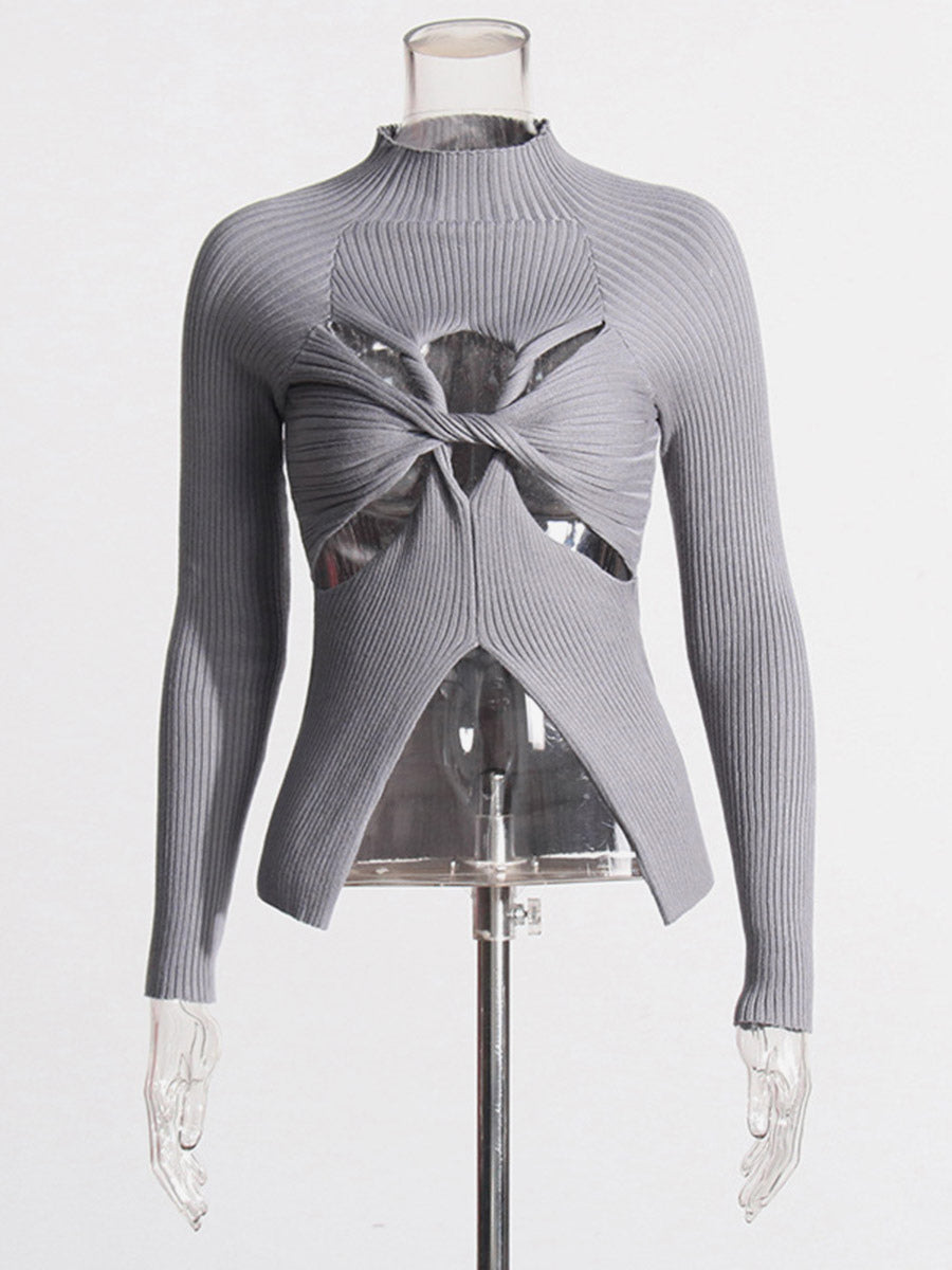 Long Sleeves Tees Black Cut Out Twisted High Collar T Shirt For Women