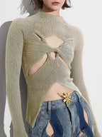 Long Sleeves Tees Black Cut Out Twisted High Collar T Shirt For Women