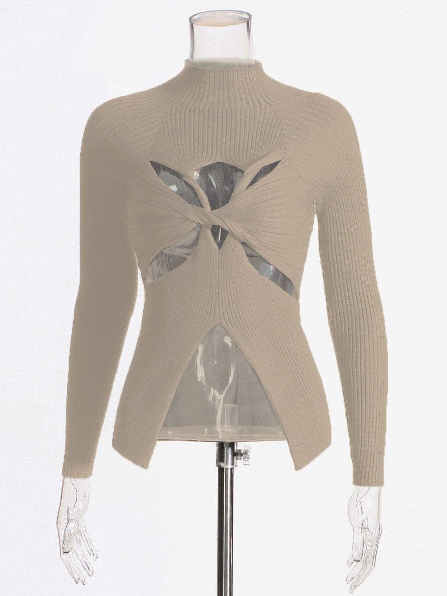 Long Sleeves Tees Black Cut Out Twisted High Collar T Shirt For Women