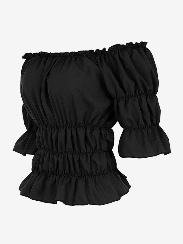 Half Sleeves Tees Black Pleated Off-The-Shoulder Women T Shirt