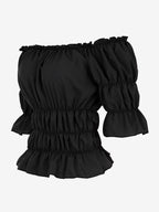 Half Sleeves Tees Black Pleated Off-The-Shoulder Women T Shirt