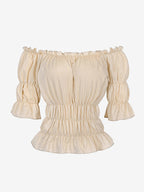 Half Sleeves Tees Black Pleated Off-The-Shoulder Women T Shirt