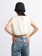 Women Crop Top Apricot Jewel Neck Chic Pleated Sleeveless Tops