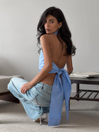 Blue Cami Top Halter Rhinestones Lace Up Sexy Cotton Women Camis