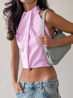 Blue Cami Top Halter Rhinestones Lace Up Sexy Cotton Women Camis