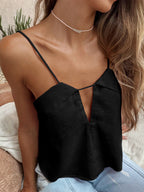 Deep Blue Cami Top Straps Neck Pleated Chic Linen Camis For Women