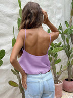 Deep Blue Cami Top Straps Neck Pleated Chic Linen Camis For Women