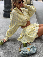 Two Piece Sets Blue Casual Stripes Street Wear Turndown Collar Lantern Sleeve Pant Set