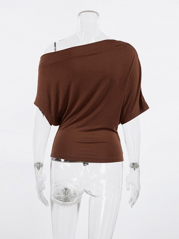 Blouse For Women Brown Cotton Off-The-Shoulder Casual Ruched Short Sleeves Tops