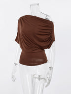 Blouse For Women Brown Cotton Off-The-Shoulder Casual Ruched Short Sleeves Tops