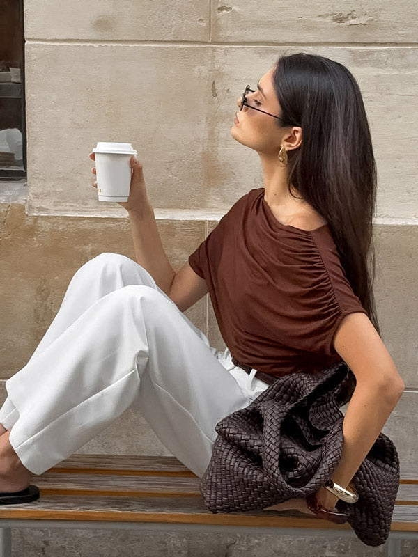 Blouse For Women Brown Cotton Off-The-Shoulder Casual Ruched Short Sleeves Tops