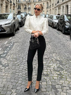 Blouse For Women Gold Buttons Stand Collar Chic Long Sleeves Tops