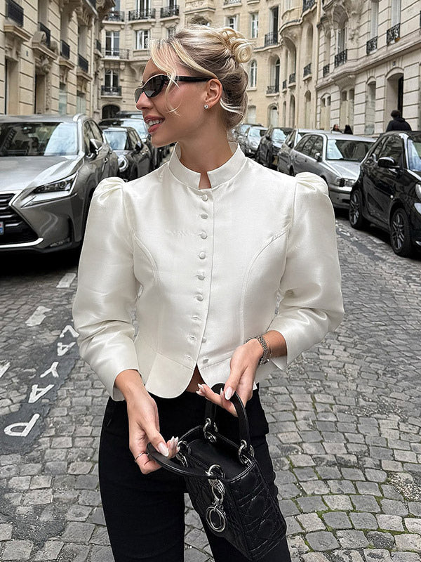 Blouse For Women Gold Buttons Stand Collar Chic Long Sleeves Tops