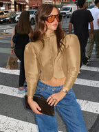 Blouse For Women Gold Buttons Stand Collar Chic Long Sleeves Tops