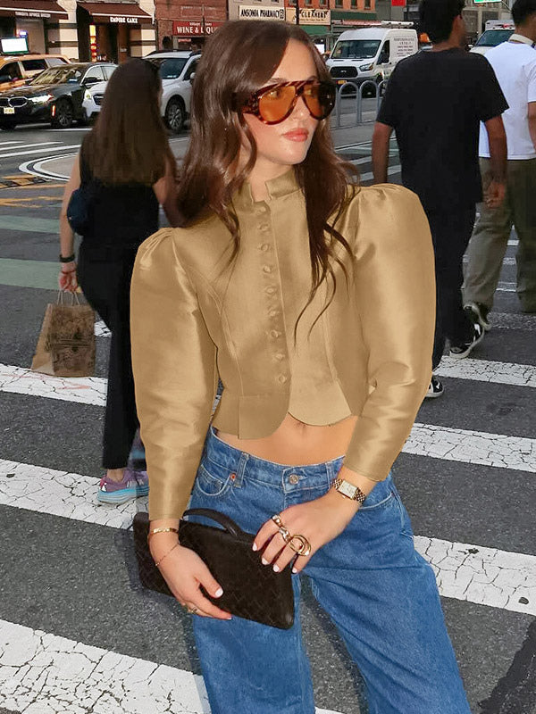 Blouse For Women Gold Buttons Stand Collar Chic Long Sleeves Tops