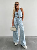 Two Piece Sets Blue Casual Street Wear V-Neck Sleeveless Pant Set