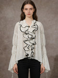 Blouse For Women White V-Neck Clothes Chic Lace Up Ruffles Long Sleeves Tops