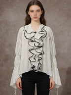 Blouse For Women White V-Neck Clothes Chic Lace Up Ruffles Long Sleeves Tops