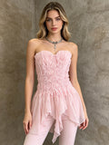 Pink Cami Top Strapless Pleated Ruffles Chic Ruffled Women Camis