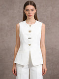 White Cami Top Jewel Neck Buttons Chic Camis For Women