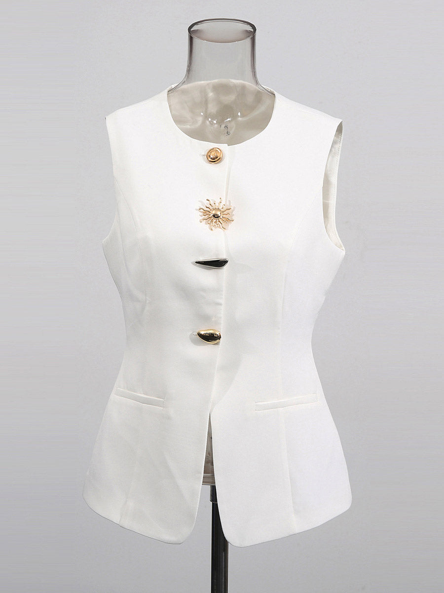 White Cami Top Jewel Neck Buttons Chic Camis For Women