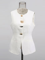 White Cami Top Jewel Neck Buttons Chic Camis For Women