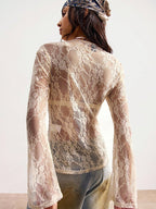 Blouse For Women Apricot Lycra Spandex V-Neck Casual Buttons Lace Long Sleeves Tops