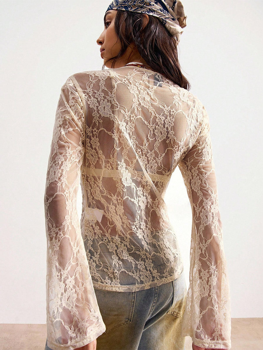 Blouse For Women Apricot Lycra Spandex V-Neck Casual Buttons Lace Long Sleeves Tops
