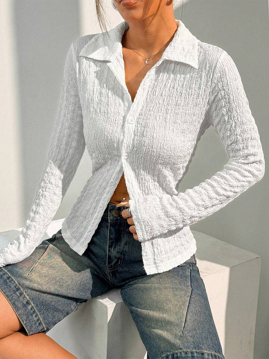 Blouse For Women White Buttons Turndown Collar Casual Long Sleeves Tops