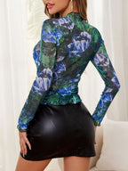 Long Sleeves Tees Green Floral Print Clothes Stand Collar Women Tee Shirt