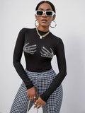 Long Sleeves Tees Black Skull Pattern Rhinestones Jewel Neck Women Tee Shirt