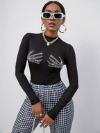 Long Sleeves Tees Black Skull Pattern Rhinestones Jewel Neck Women Tee Shirt