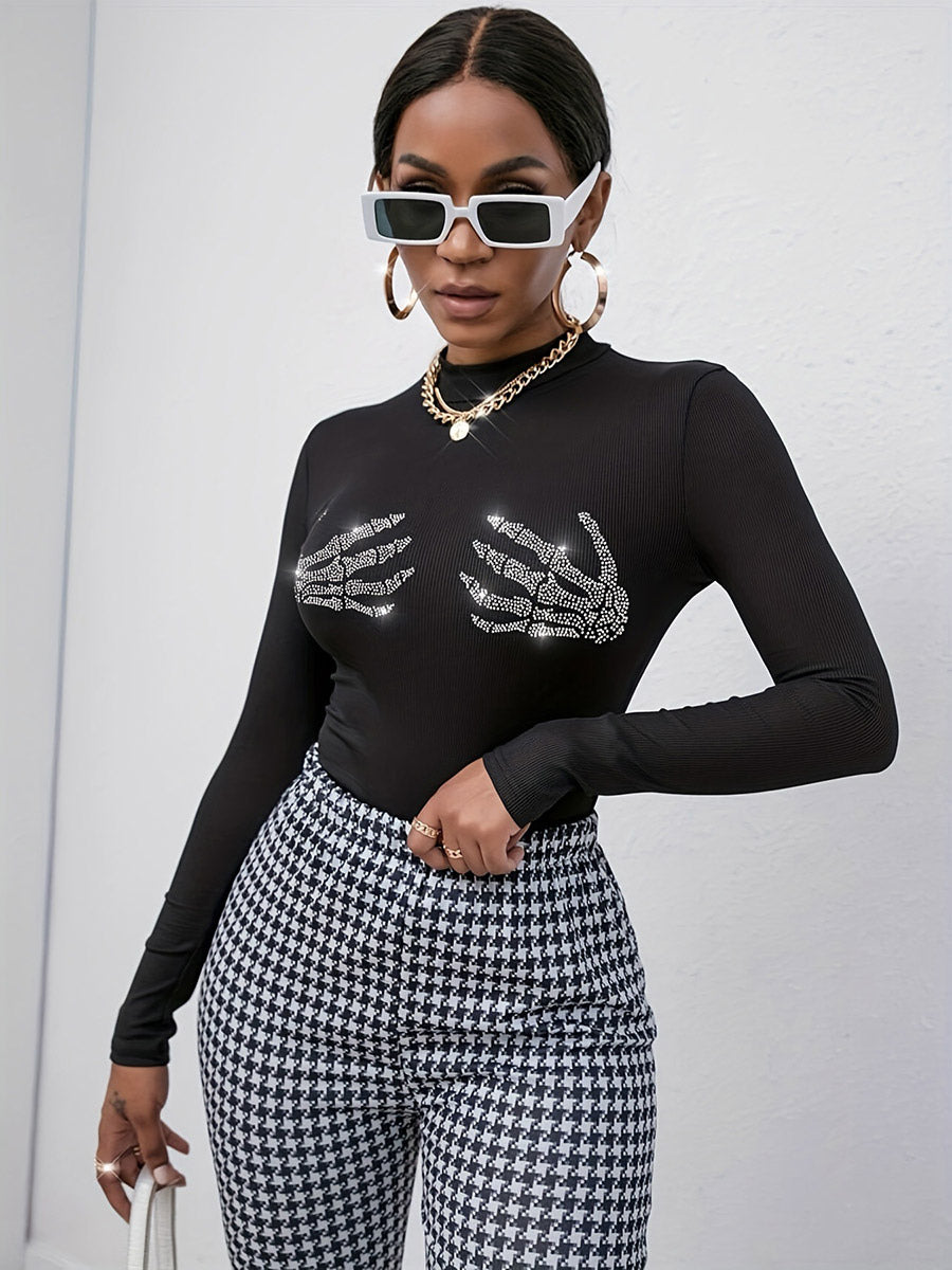 Long Sleeves Tees Black Skull Pattern Rhinestones Jewel Neck Women Tee Shirt