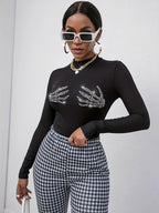 Long Sleeves Tees Black Skull Pattern Rhinestones Jewel Neck Women Tee Shirt