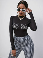 Long Sleeves Tees Black Skull Pattern Rhinestones Jewel Neck Women Tee Shirt