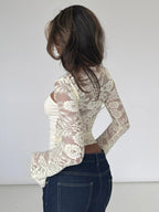 Long Sleeves Tees Black Lace Stand Collar T Shirt For Women