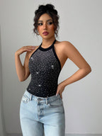 Sleeveless Bodysuit Black Halter Rhinestones Backless Chic Cotton Women Top