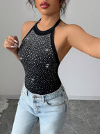 Sleeveless Bodysuit Black Halter Rhinestones Backless Chic Cotton Women Top
