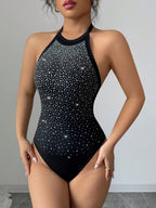 Sleeveless Bodysuit Black Halter Rhinestones Backless Chic Cotton Women Top