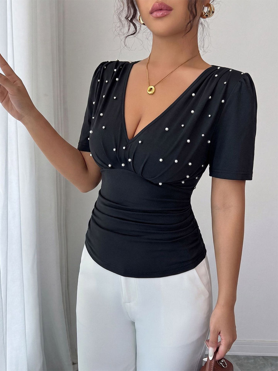 Short Sleeves Tees Black Pleated Pearls V-Neck Women Tee