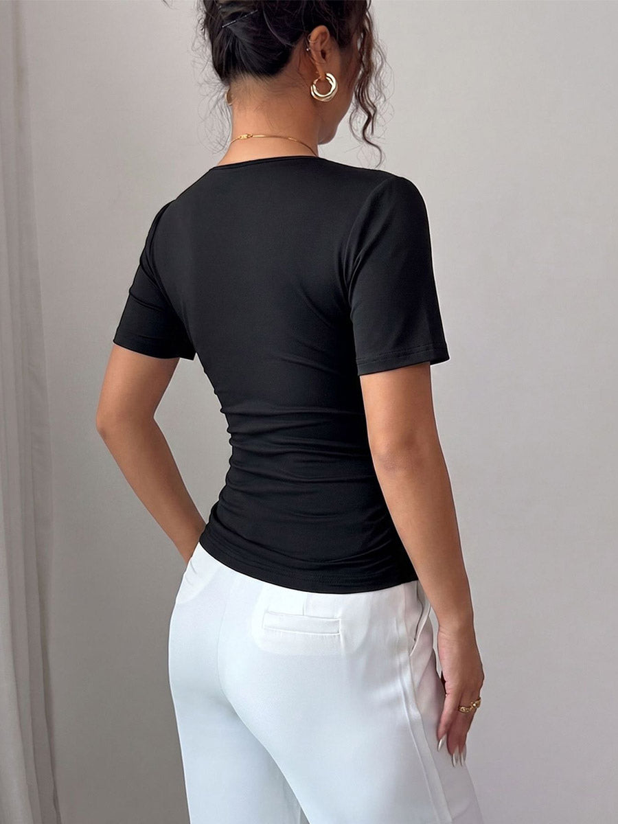 Short Sleeves Tees Black Pleated Pearls V-Neck Women Tee