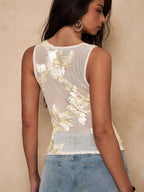 Apricot Cami Top Off-The-Shoulder Embroidered Tulle Casual Women Camis