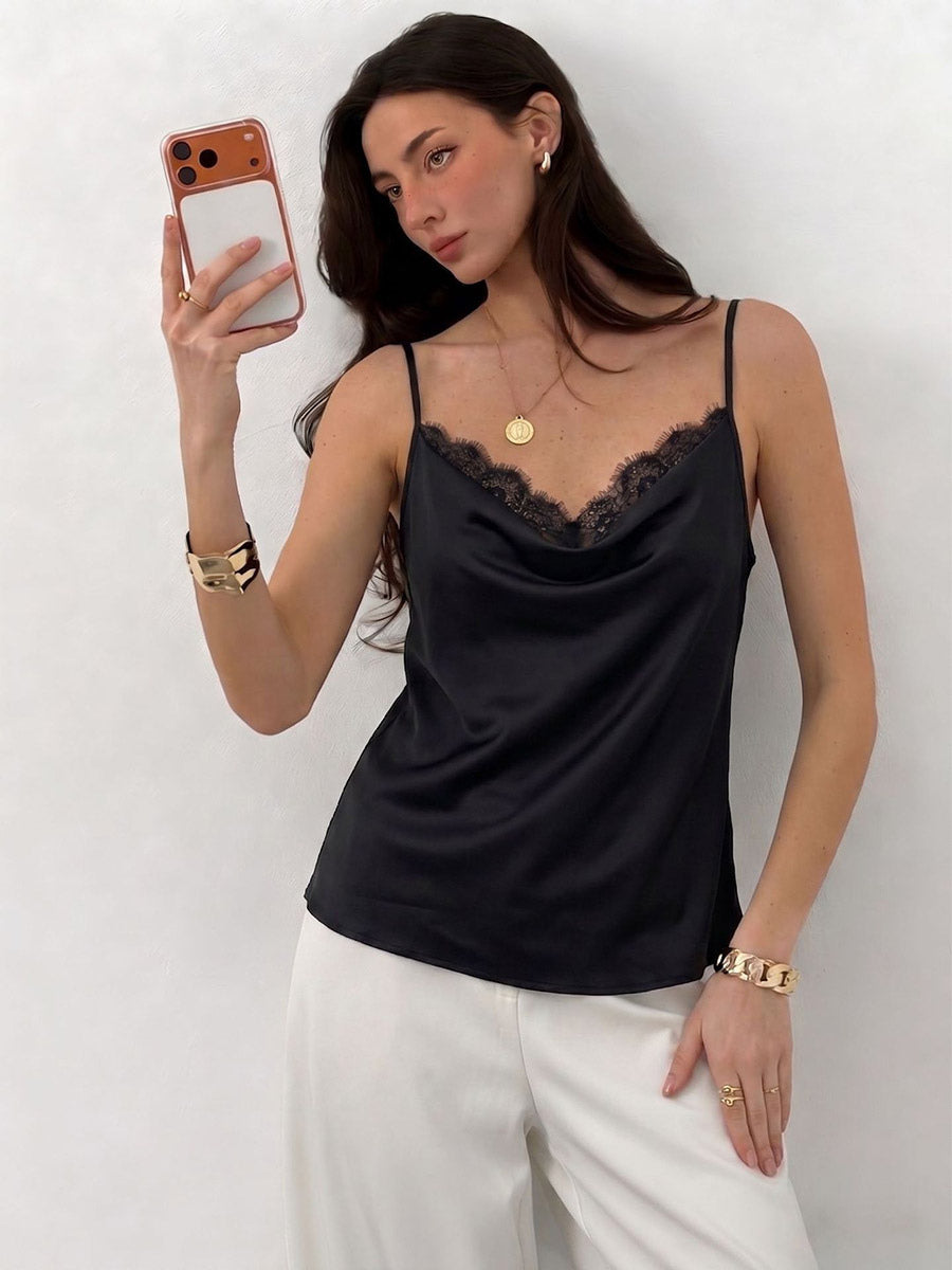 Black Cami Top V-Neck Lace Chic Camis For Women