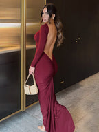 Night Out Dresses Burgundy Long Sleeves Off-The-Shoulder Backless Summer Dress