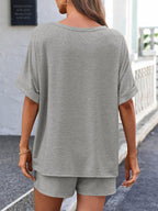Two Piece Sets Khaki Street Wear Jewel Neck T-Shirt Sleeves Short Sleeves Casual Pant Set
