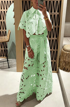 Two Piece Sets White Daily Casual Cut Out Turndown Collar Short Sleeves Elegant Pant Set