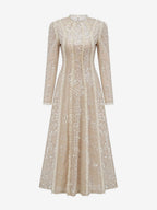 Party Dress Maxi Champagne Stand Collar Sequins Long Sleeves Elegant Semi Formal Dress