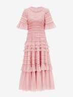 Date Night Dresses Maxi Layered Pleated Short Sleeves Jewel Neck Elegant Pink Dress