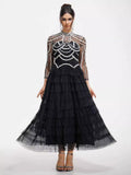 Party Dress Maxi Pink Stand Collar Beaded Long Sleeves Layered Flared Sleeves Chic Semi Formal Dress