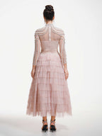 Party Dress Maxi Pink Stand Collar Beaded Long Sleeves Layered Flared Sleeves Chic Semi Formal Dress